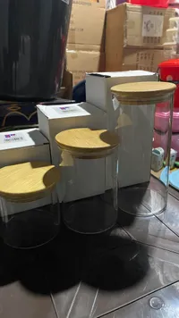 طقم مرطبانات زجاجية بغطاء خشبي