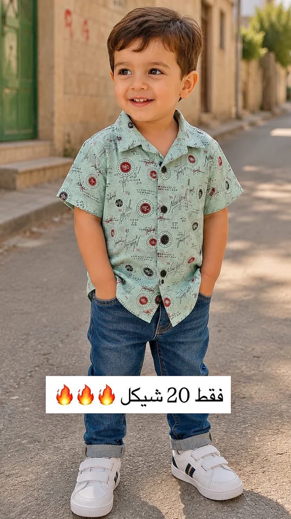 طقم ملابس صيفي للأولاد - قميص منقوش وبنطال جينز - ملابس أطفال - سوق غزة