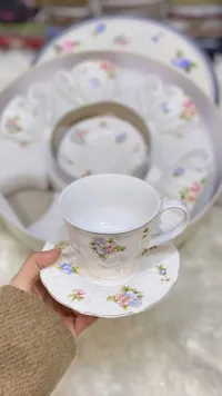 فنجان شاي بورسلين مع طبق - زهور ملونة