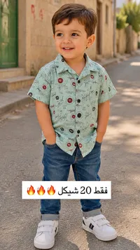طقم ملابس صيفي للأولاد - قميص منقوش وبنطال جينز - سوق غزة