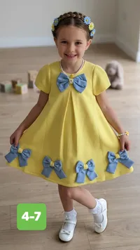 فستان أطفال أصفر مزخرف بأربطة زرقاء