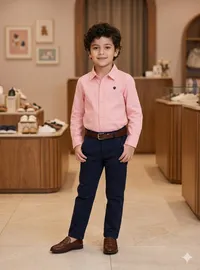 طقم ملابس أطفال رسمي — قميص وردي وبنطلون كحلي