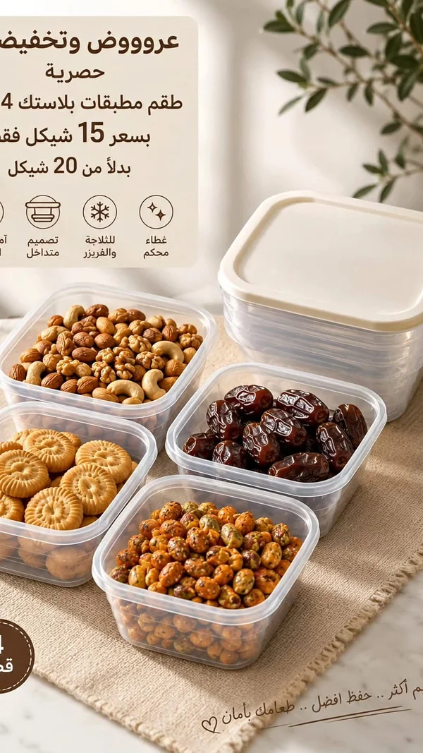 طقم علب تخزين طعام بلاستيك 4 قطع - أدوات منزلية - سوق غزة