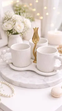 طقم مجات سيراميك مع صينية - تصميم أبيض وذهبي