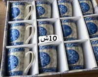 طقم أكواب قهوة وشاي سيراميك بنقشة زرقاء - سوق غزة