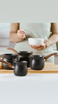 طقم ركوات قهوة جرانيت بمقابض خشبية