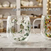 كوب زجاجي مزدوج الجدار بتصميم زهور