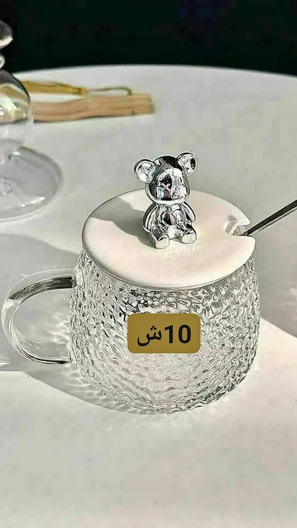 كوب زجاجي بغطاء بتصميم دب - أدوات منزلية - سوق غزة