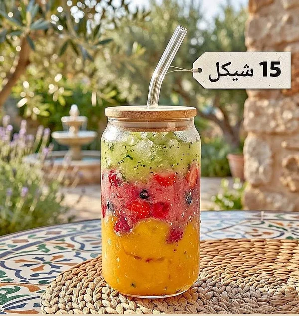 كوب زجاجي مع ماصة وغطاء بامبو - أدوات منزلية - سوق غزة
