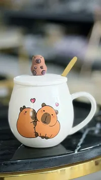 مج سيراميك بتصميم كابيبارا مع غطاء وملعقة