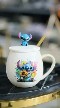 مج سيراميك بتصميم ستيتش مع غطاء وملعقة