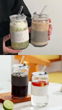 كوب زجاجي مع غطاء وقشة وحزام جلدي - جورجوس (Gorgous)