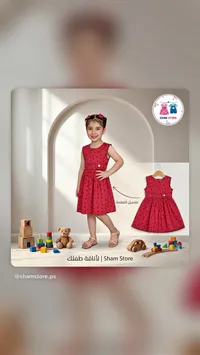 فستان بناتي أحمر بنقشة قلوب - شام ستور (Sham Store)