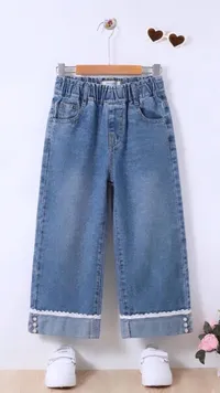 بنطال جينز واسع للبنات بخصر مطاطي