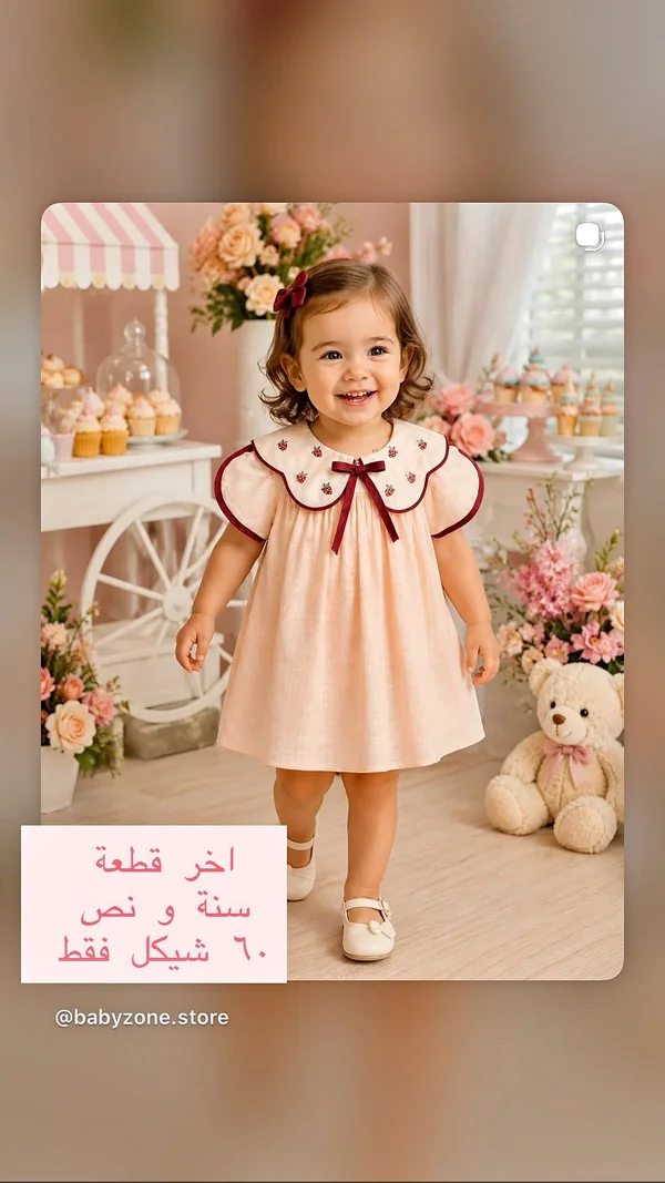 فستان أطفال بناتي - بيبي زون - ملابس أطفال - سوق غزة