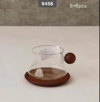 كاسة شاي زجاجي مع قاعدة خشبية - 6+6 قطعة