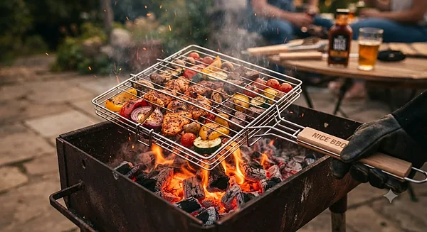 شبك شواء معدني لتثبيت وشوي اللحوم والأسماك (Nice BBQ Grill Basket). - أدوات منزلية - سوق غزة