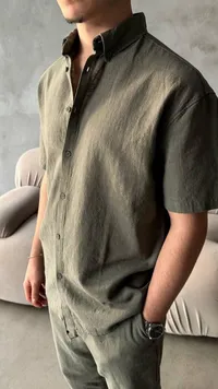 طقم قميص وبنطال صيفي كاجوال - لون زيتوني