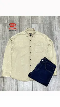 طقم شبابي قميص جينز كريمي وبنطلون جينز أزرق - BCD Store