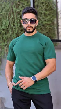 تيشيرت رجالي سادة بياقة دائرية - أخضر