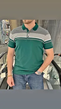 قميص بولو رجالي مخطط - أخضر ورمادي