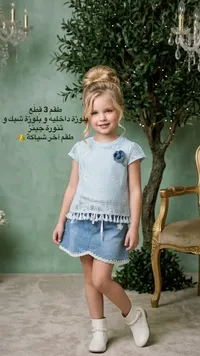 طقم ملابس بناتي 3 قطع - بلوزة شبك وتنورة جينز