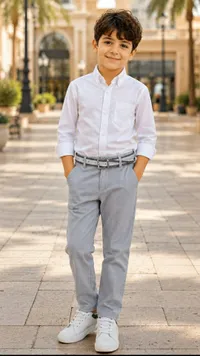 طقم ملابس أطفال - قميص أبيض وبنطلون رمادي