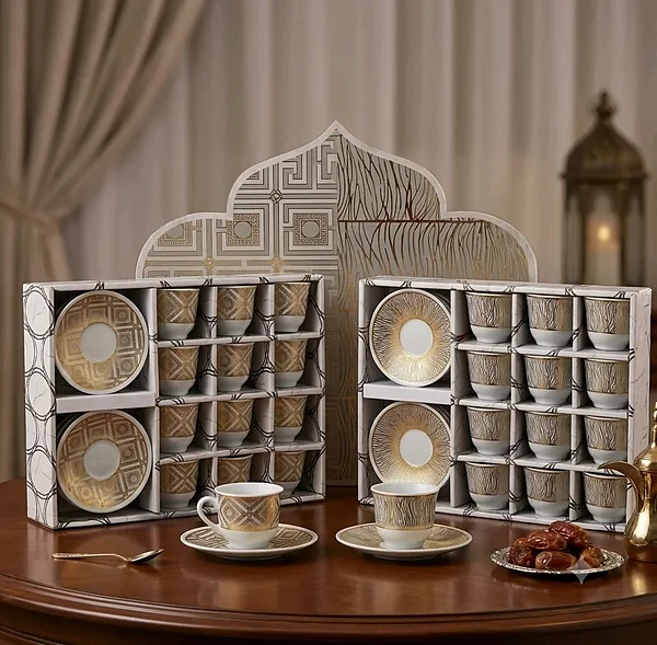 ​طقم ضيافة الأصالة الذهبي (Golden Heritage Set) – طقم فناجين قهوة وأطباق تقديم. - أدوات منزلية - سوق غزة