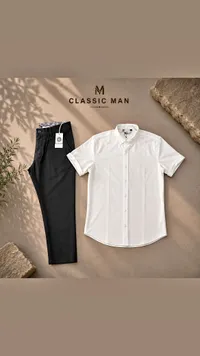 قميص رجالي أبيض وبنطلون أسود - Classic Man