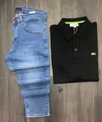 طقم ملابس رجالي - بنطال جينز لافينتو وقميص بولو لاكوست (Lacoste)