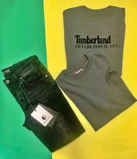طقم ملابس رجالية - تيشيرتات تمبرلاند وبنطال جينز دينيم وولف (Timberland & Denim Wolf)