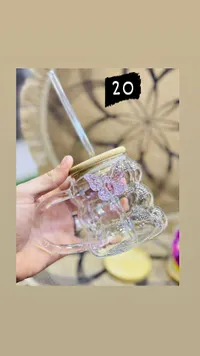 كوب زجاجي بتصميم فراشة مع ماصة (Glass Cup) - سوق غزة