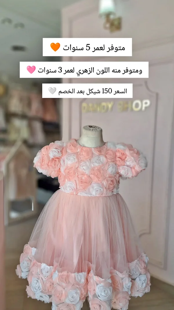 فستان أطفال مزين بالورود - DANDY SHOP - ملابس أطفال - سوق غزة
