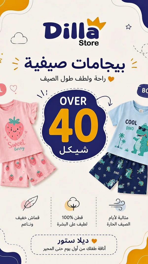 بيجامات صيفية - ديلا ستور (Dilla Store) - ملابس أطفال - سوق غزة
