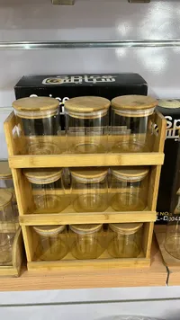طقم علب توابل زجاجية مع حامل خشبي - سبايس (Spice)