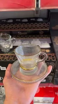 طقم فناجين شاي زجاجية مضلعة مع أطباق - جلاس وير (Glassware)