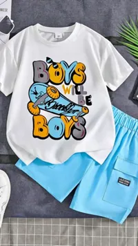 طقم شورت وتيشيرت بطبعة ولد سكيتبورد (Boys Will Be Boys)