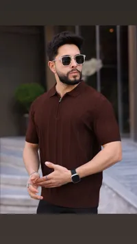 قميص بولو رجالي محبوك بسحاب أمامي