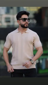 قميص بولو رجالي محبوك - بيج
