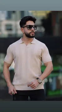 قميص بولو رجالي محبوك - بيج