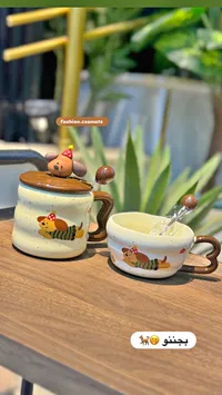 كوب مع غطاء وملعقة بتصميم كلب ظريف