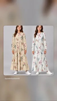 فستان أطفال طويل بطبعات فراشات وزهور (Green Fashion)