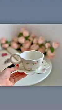 طقم فنجان وصحن سيراميك بتصميم زهرة