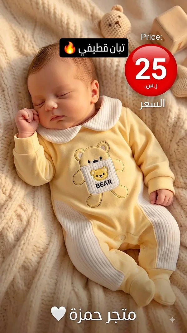 لباس أطفال قطيفي بتصميم دب (متجر حمزة) - مواليد - سوق غزة