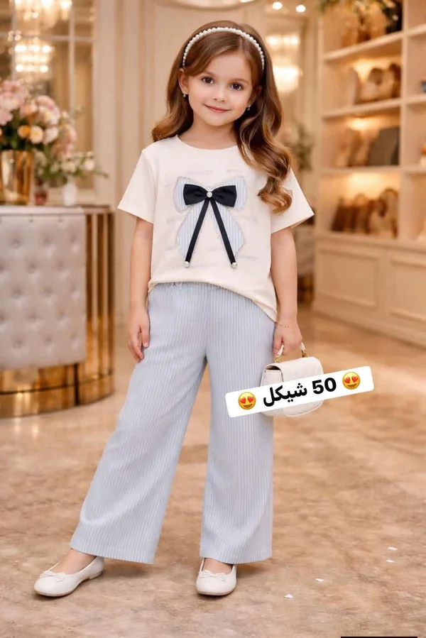 طقم ملابس بناتي صيفي - بلوزة وبنطال واسع - ملابس أطفال - سوق غزة