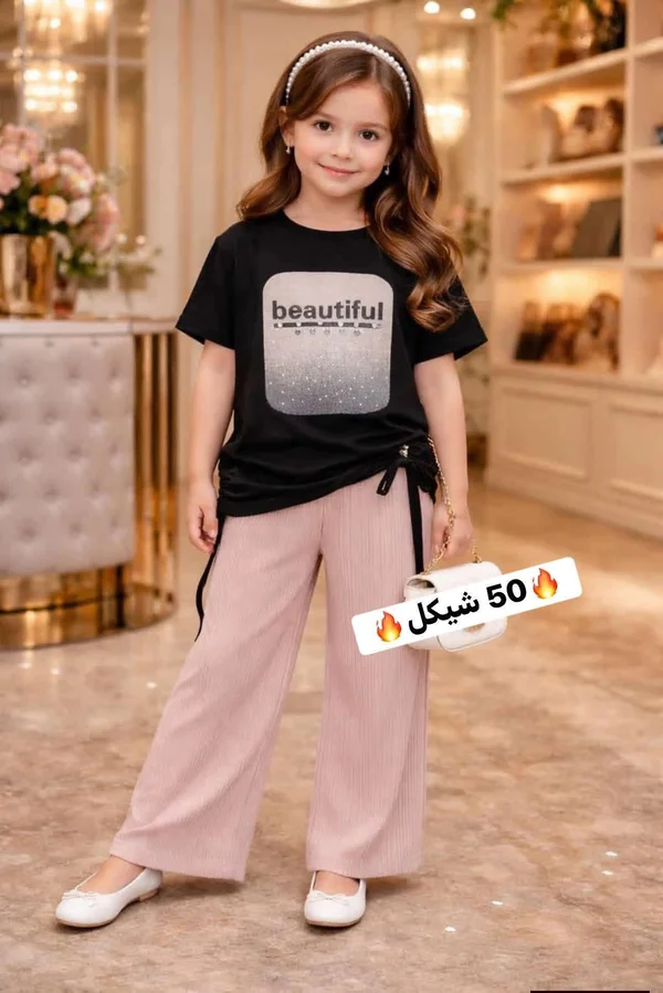 طقم ملابس بناتي صيفي - تيشيرت وبنطال واسع - ملابس أطفال - سوق غزة