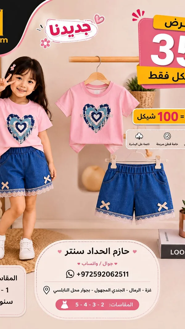 طقم ملابس أطفال بناتي - قلوب - ملابس أطفال - سوق غزة