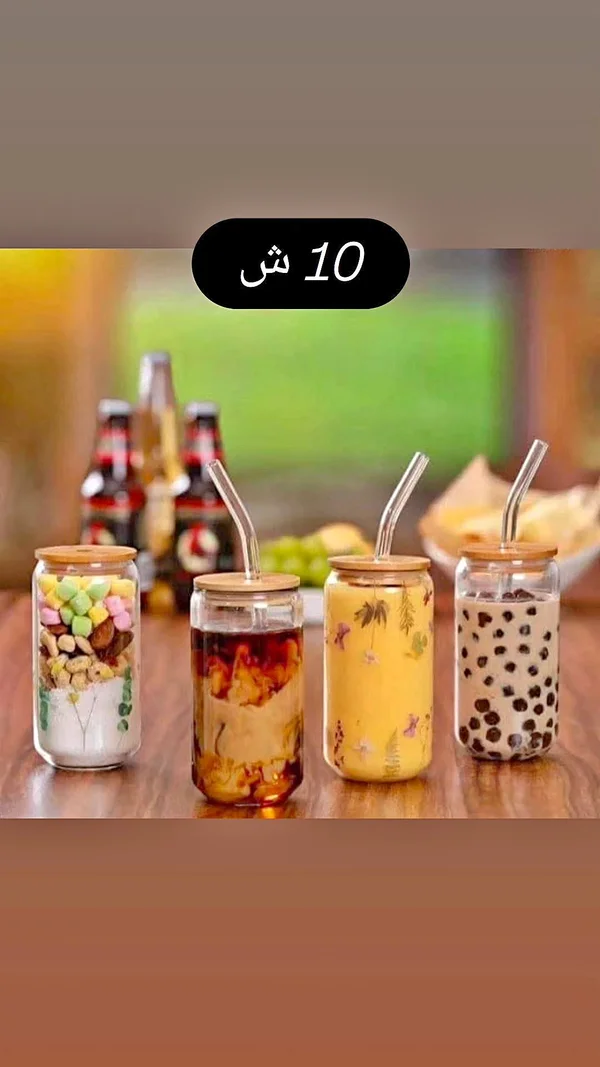 أكواب زجاجية مع شفاط وغطاء بامبو - أدوات منزلية - سوق غزة