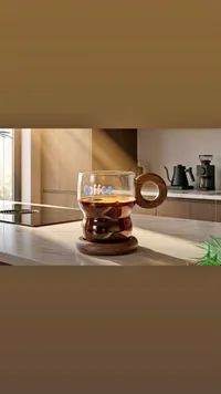 كوب قهوة زجاجي بمقبض خشبي