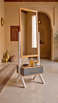 مرآة أرضية مع وحدة تخزين ودرج خشبي